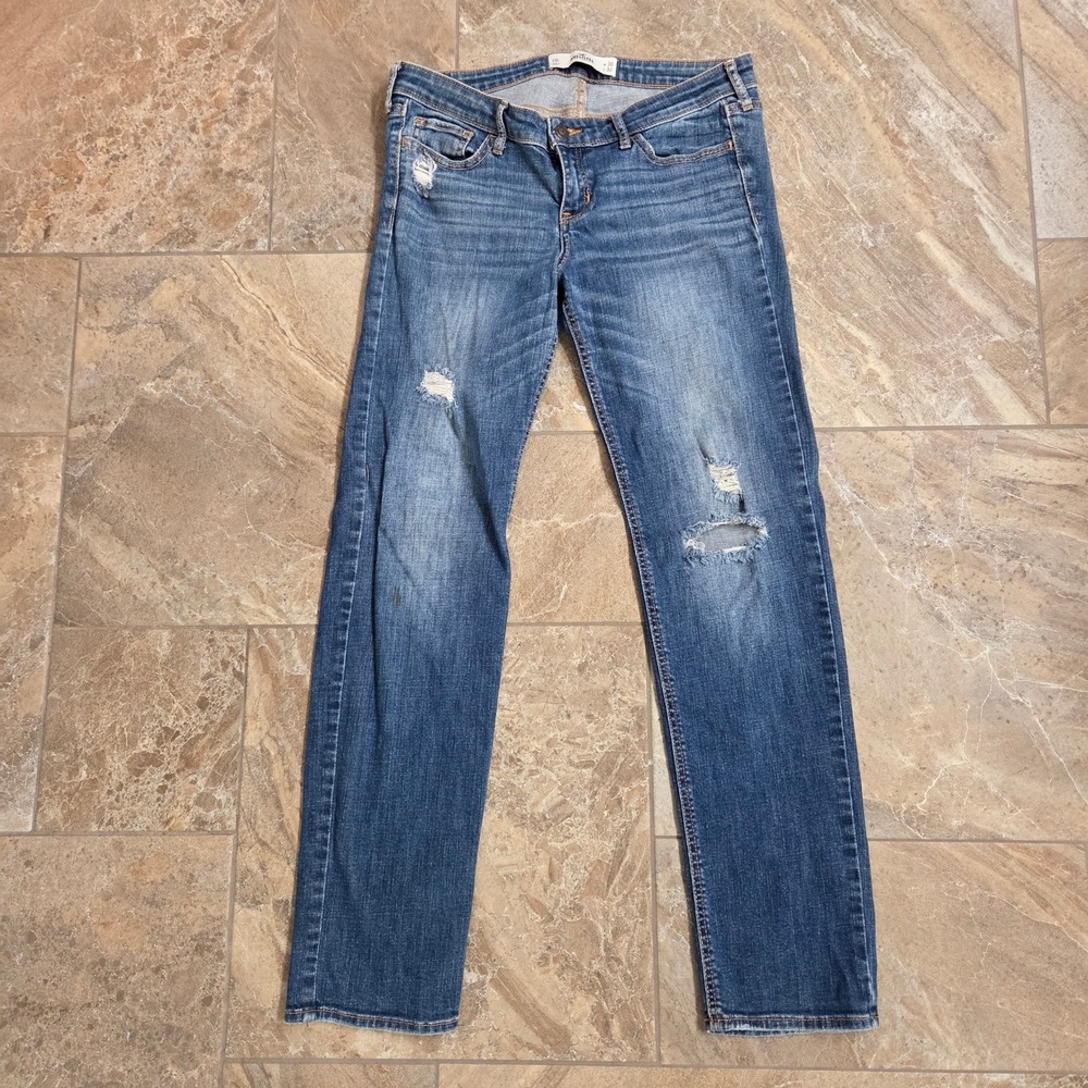 Hollister Low Rise Straight Leg Distressed Ripped Jeans Medium‎ Wash 11R W30 L32